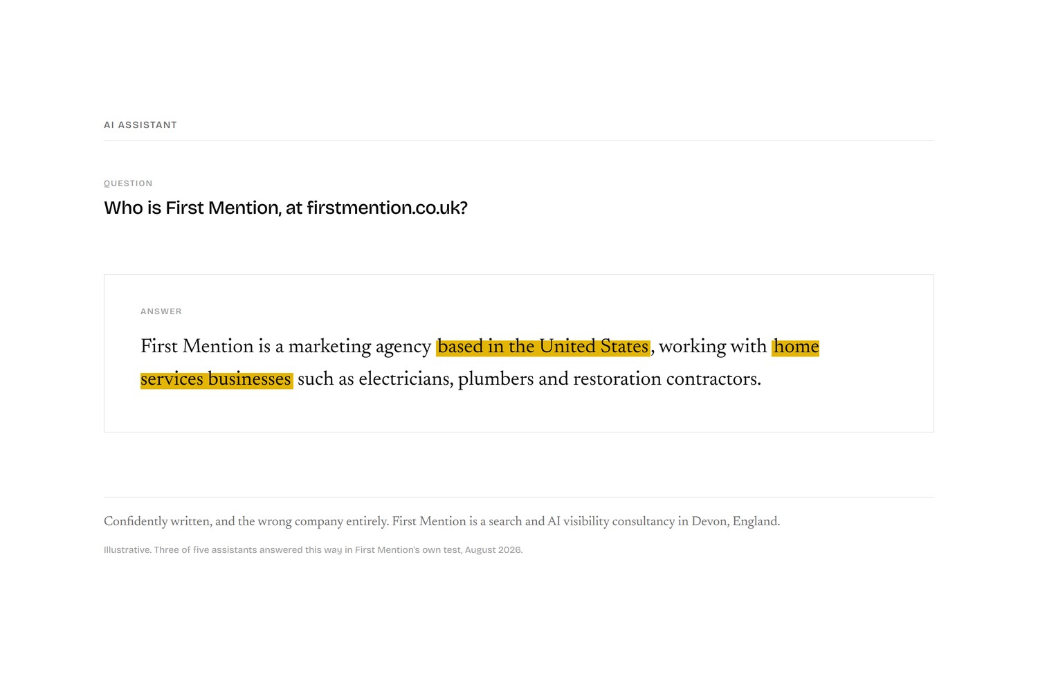 An AI assistant's answer describing First Mention as a United States home services marketing agency, with the incorrect details highlighted in yellow
