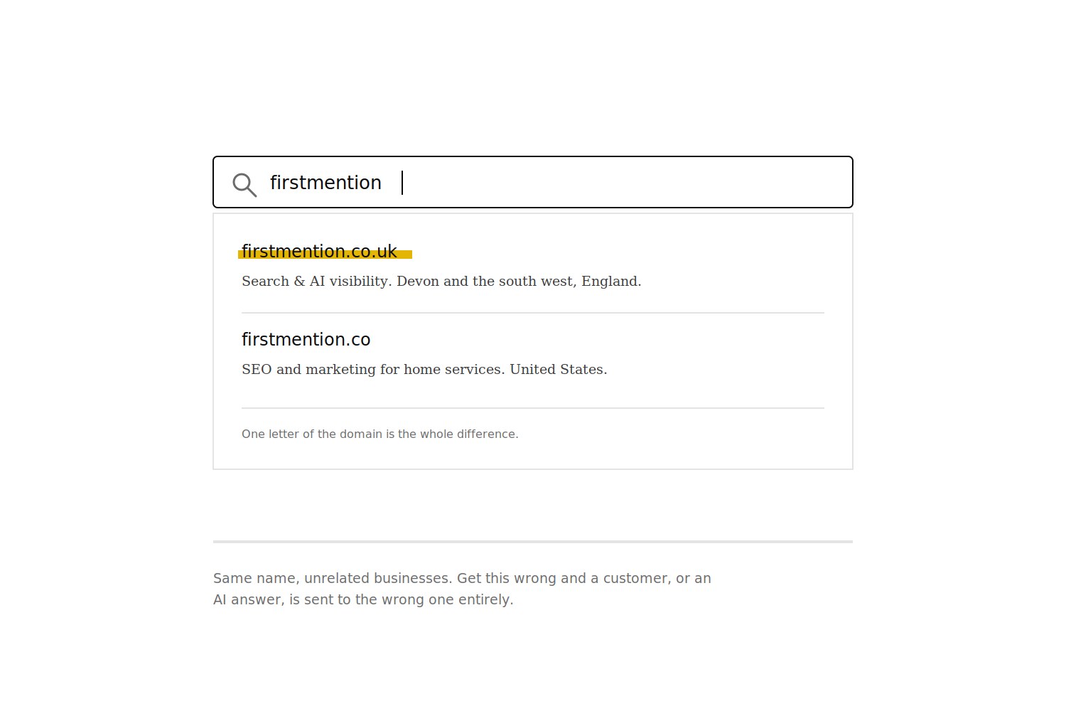 A search for firstmention returns two near identical results: firstmention.co.uk in Devon, and the unrelated firstmention.co in the United States